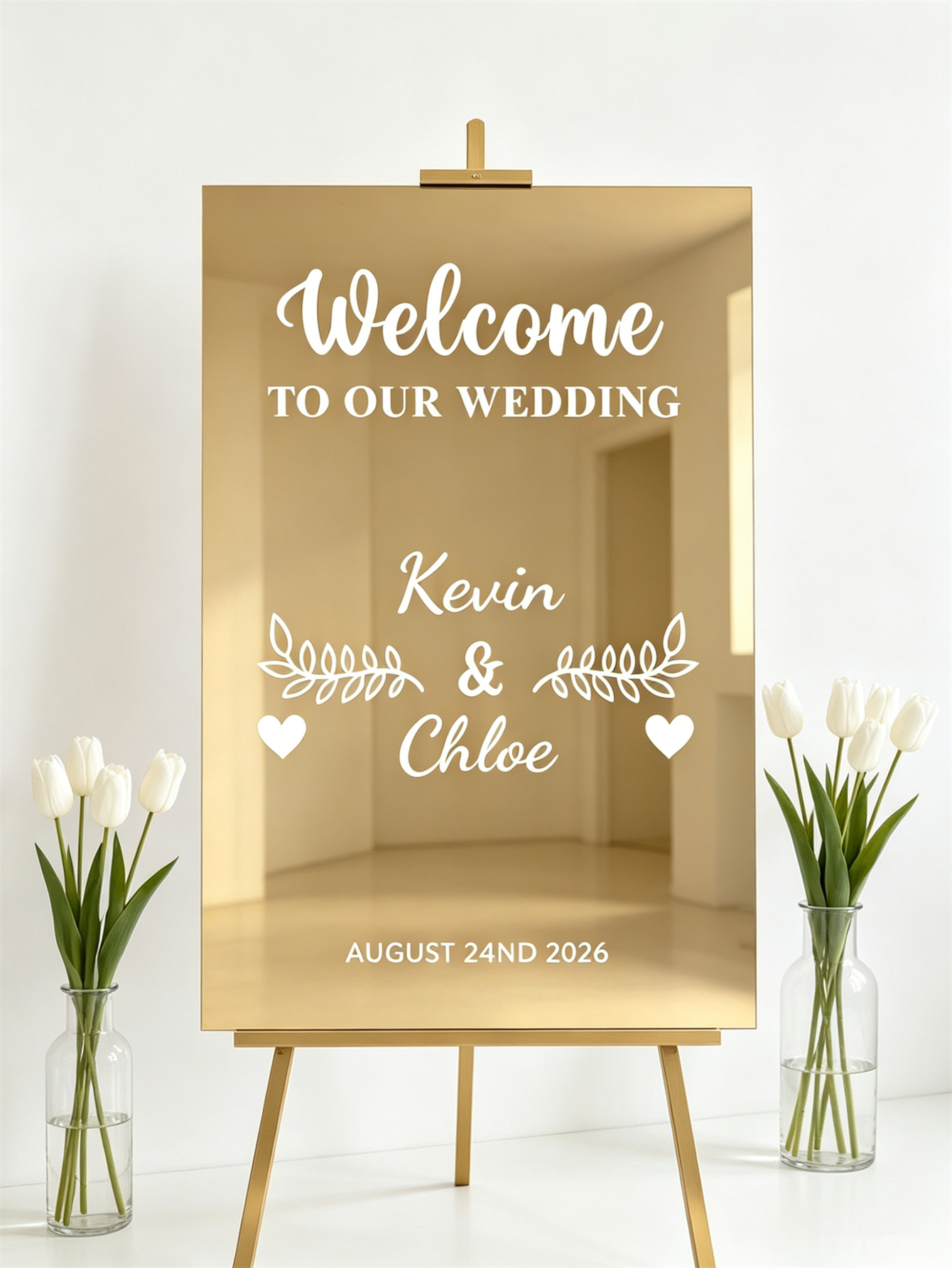 Mirror acrylic welcome signs, golden mirror wedding direction signs, custom wedding direction signs, ceremony welcome signs